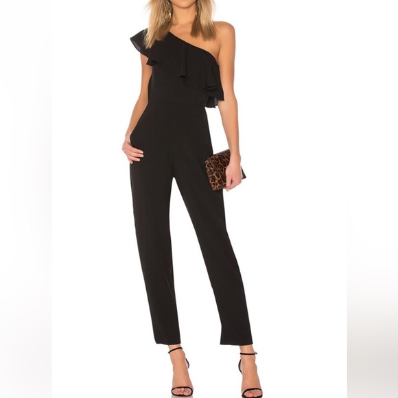 Yumi Kim Black Cascade One Shoulder Jumpsuit Formal Minimalist Ruffle Large Y2K - Picture 1 of 10